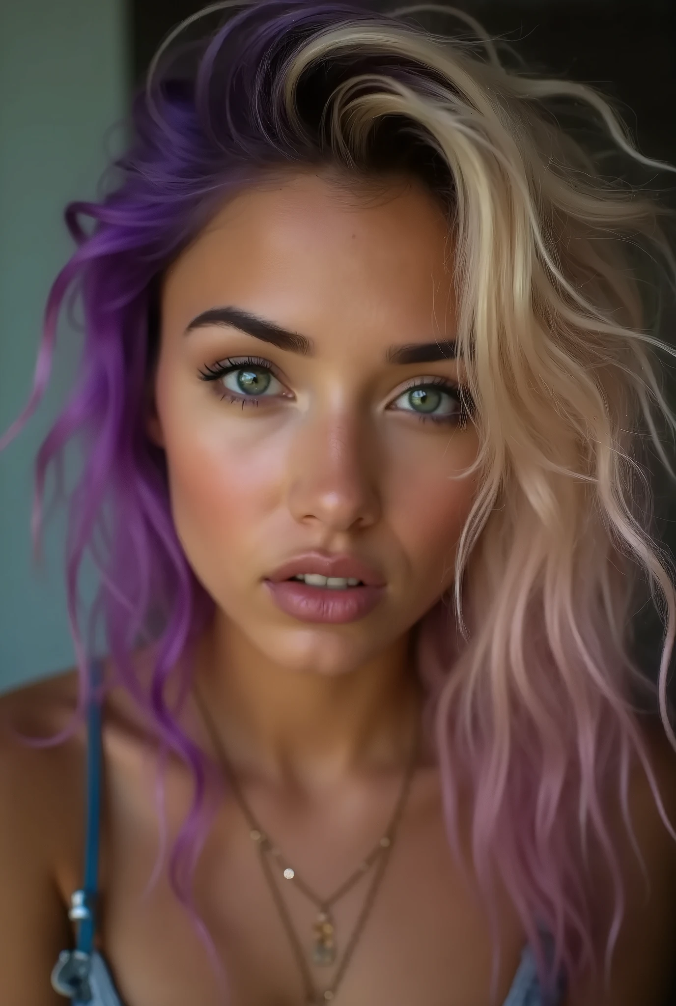 Full body photo,23 year old Argentine woman,introverted,sensual, green eyes sexy look,provocative,purple to blonde sunset hair,lush model body,small breasts,Shaved vagina,naked,hyperrealistic natural light and shadow