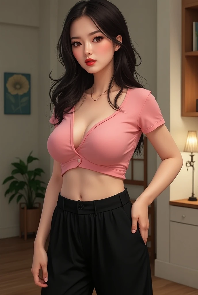 (ultra realistic,32k,RAW photo:1.1),(high detailed skin:1.1), 8k uhd, dslr, high quality, film grain, (makeup, mascara:1.1), lips,(thick\lips\), 
Pink shirt, skir below the navel, (nevel ) big boob5, sadness expressions, looking at viewer, cheerful, golden pointed earrings,armpits, hands on own head, (masterpiece), ), 8k, (high resolution), sola, ( with details), cheerful, 1 beautiful woman, long hair, anntena hair, ponytail, split bangs, black eyes, light skin, small red lips, (perfect anatomy), (perfect figure), Delia Ketchum, brown hair, long twice hair, sexy eye, brown eye, red lip, from below 