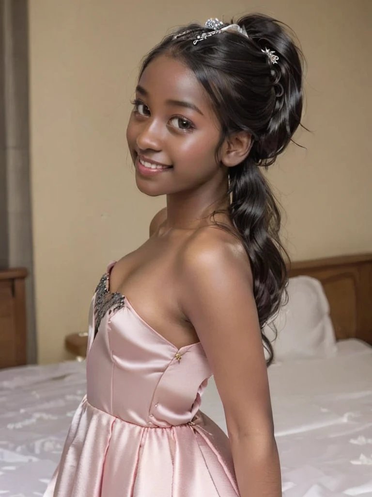 A Indian girl, black ponytail, (black skin:1.4), BREAK, baby face, standing, (satin princess dress, pink wedding dress:1.4), BREAK, (wedd00ing:1.2), (tiny tits, tt_flat), ((shooting from side)), armpit, smiling,+ bedroom, 