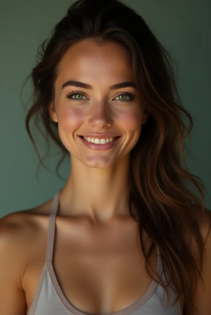 beautiful lady, smiling, (freckles:0.8), dark makeup, hyperdetailed photography, soft light, head and breast portrait, cover, nude, big breast
