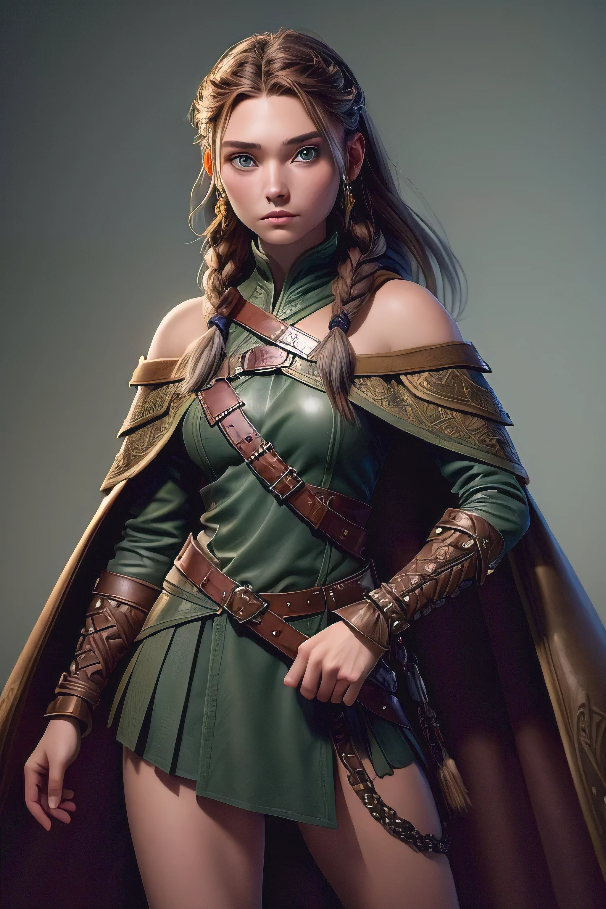 ( masterpiece , The best quality ) (young warrior woman of nordic descent), (green eyes), (fur skirt), (Brown hair color),(loose hair with small braids on the scalp), (leather strap top) feathers, cape over the shoulder, bufas, (blue, gray and brown suit).