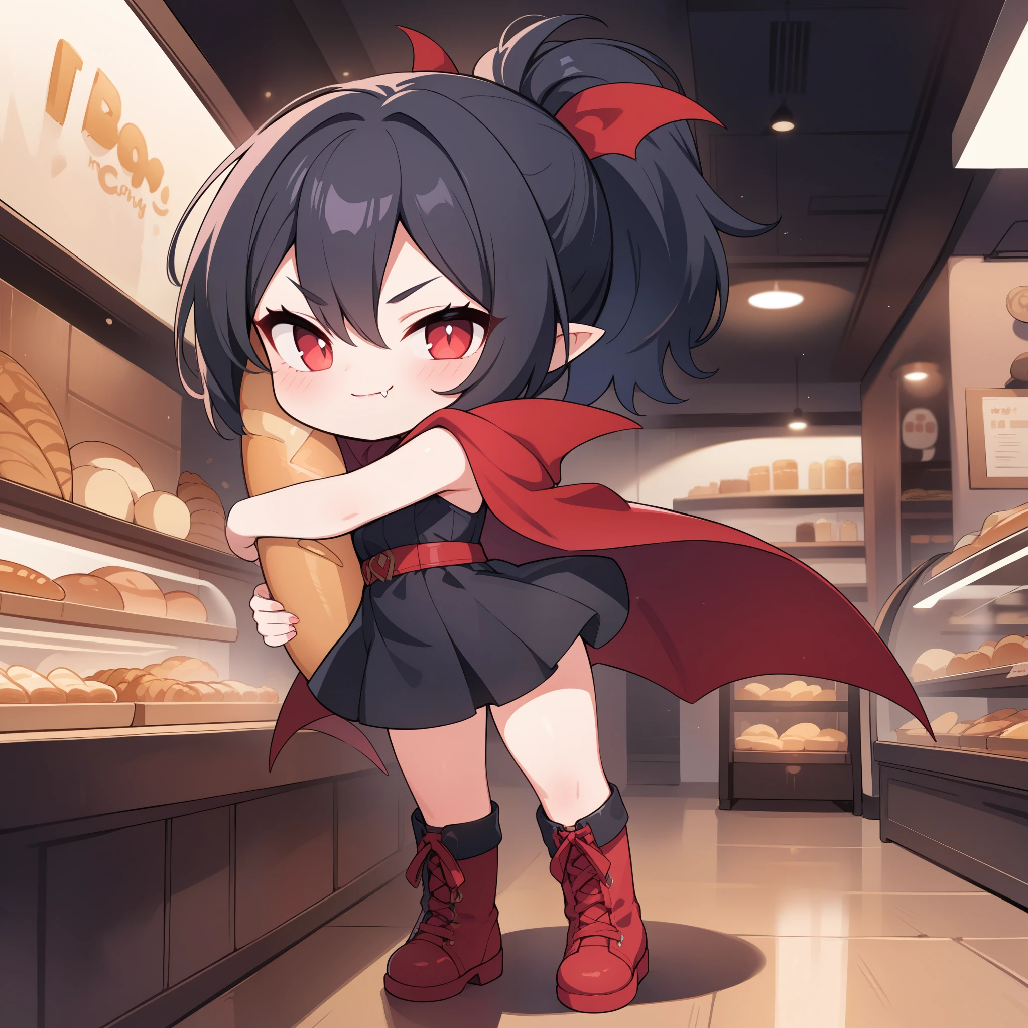 (masterpiece, best quality:1.2), super detailed, 2D artwork, chibi, kawaii, cute, 1girl, (vampire fang:1.2), smirk, black hair, short ponytail with red ribbons, red eyes, beautiful eyes, (snake pupils), pointy ears, black sundress with red cloak, high leather boots, standing pose, (hugging a long baguette:1.2), bakery background, indoor, at night, HD, 4K, negativeXL_D