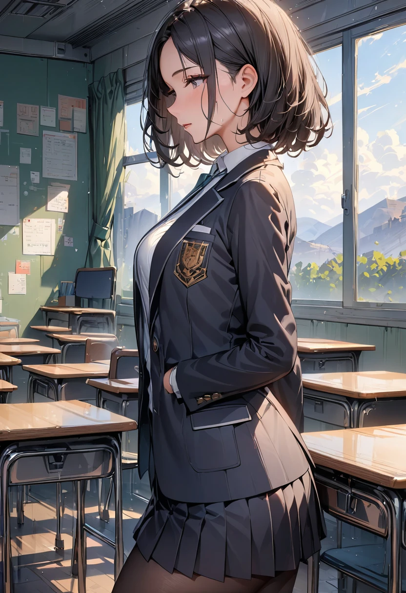 (masterpiece,Best Quality, High Resolution , Detailed Descriptions ,Precise depiction,Accurate depiction),(woman:1.3,juvenile:1.3),Black Hair,(blazer,White blouse, miniskirt,Black tights), break,( from side:1.3, cowboy shot:1.3),(In the classroom),nsfw:1.3