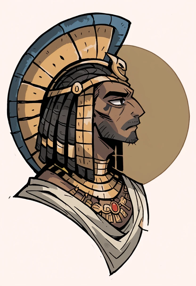 Create a male anime character with visual elements inspired by ancient Egyptian paintings. He should have the slender, stylized body proportions and profile view commonly seen in Egyptian art, combined with anime-style facial features. His eyes are large and almond-shaped, with dramatic black eyeliner similar to the kohl makeup worn by ancient Egyptians. He wears traditional Egyptian clothing, such as a flowing linen tunic adorned with gold jewelry, including a wide collar necklace and a headdress resembling the sun disk and cobra. The character should convey a sense of regality and mystery, blending the elegance of ancient Egypt with the expressive style of anime. Profile view