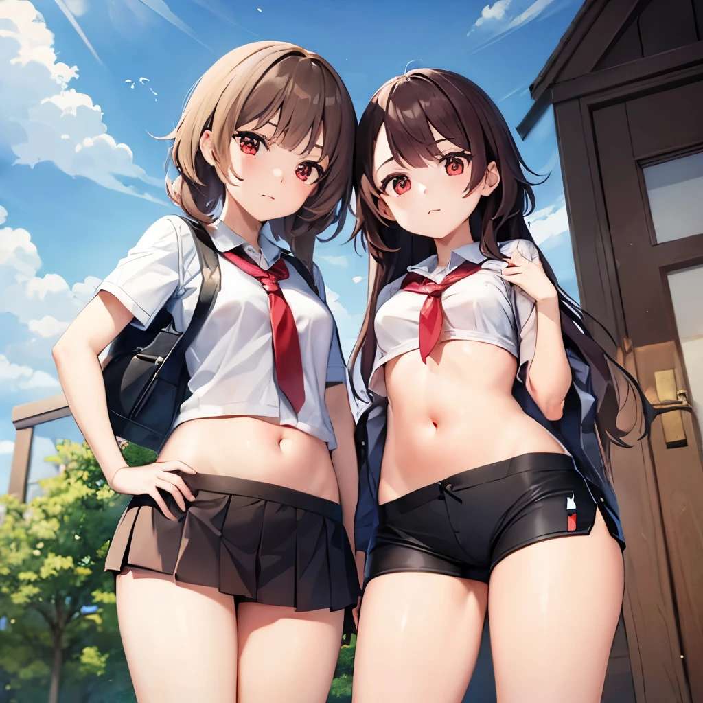 Two Beautiful girls , small breasts, school uniform, split shorts, belly exposed 