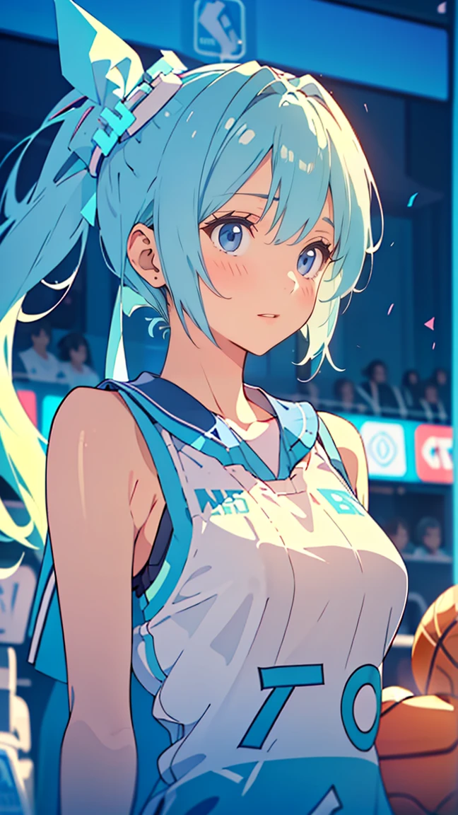 ( Hatsune Miku:1.3)、（sitting:1.5）、(( basketball uniform:1.5))、belly button、(chest:1.3)、 1 girl, Alone, colorful, Realistic Skin, Attractive eyes, (1:1.2), beautiful, cute, (Perfect Body 1.2), (Realistic Anatomy 1.2),  Japanese idol, (K-POPアイドル1.2), Realistic photos, RAW Photos, 4K, Fujiflim,  film grain , (Cinema Lighting 1.4),  ray tracing , (perfect Temporarily stop1.2), Ultra fine, finely,  intricate detail,  Dolby Vision, Temporarily stop,break、(((Very thin body:1.5、Thin body)))、break、((( detailed beautiful depiction of eyes )))、 ((( focused gaze)))、break、,(Blue Eyes 1 .3), (Blue Hair:1.3), break、blush 1.5、break, very short hair, parted bang、(from below:1.1)、