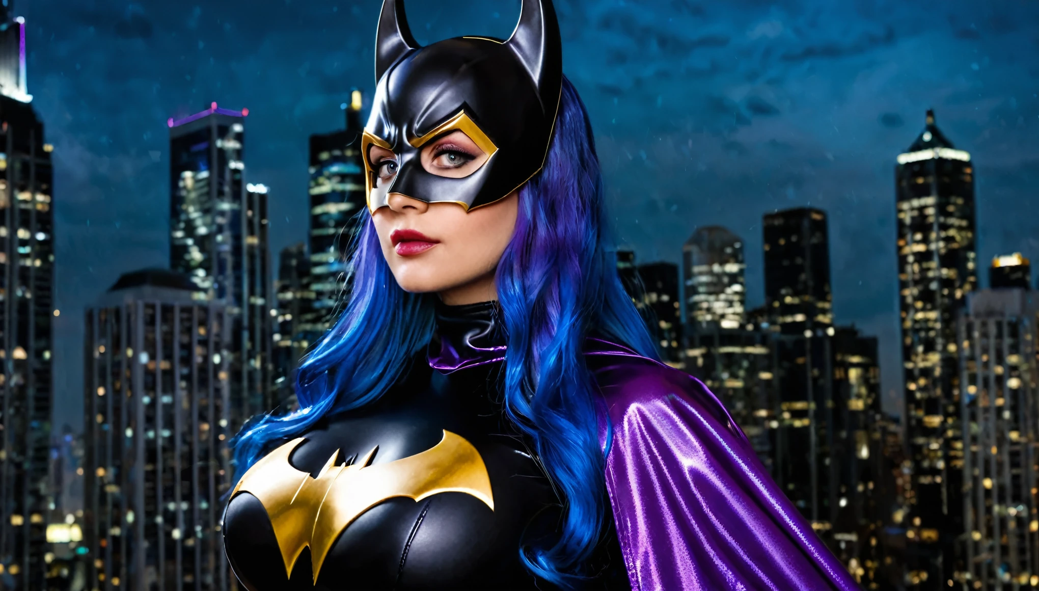 close-up of Jennifer Lawrence's face and upper body as Batgirl with the golden Batman shield in the center of her chest, her large breasts peeking out from beneath the cleavage. She is wearing a black Batgirl mask with two pointy ears on either side of her head. The mask is made of a shiny purple material and has a gold bat design on the front. The woman has long blue hair that is styled in loose waves and is looking to the side (in profile) with a serious expression on her face. In the background is a city skyline with tall buildings and skyscrapers. The overall mood of the image is dark and mysterious.