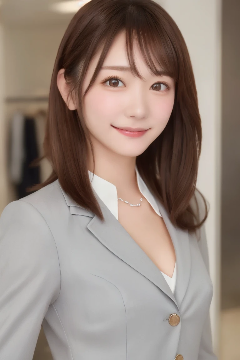  best quality , (beautiful)、beautiful女性、Precision Eyes、Small breasts、  dirty medium hair、Small breasts、  Brown Eyes  、 Brown Hair、Fine skin、(Heartbreaking  )Small breasts、smile、  upper body、  my business suit 