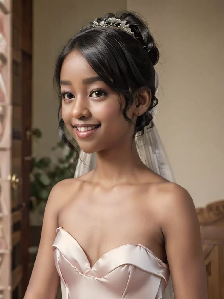 A Indian girl, black ponytail, (black skin:1.4), BREAK, baby face, standing, (satin princess dress, pink wedding dress:1.4), BREAK, (wedd00ing:1.2), (tiny tits, tt_flat), ((shooting from side)), armpit, smiling,+ bedroom, 