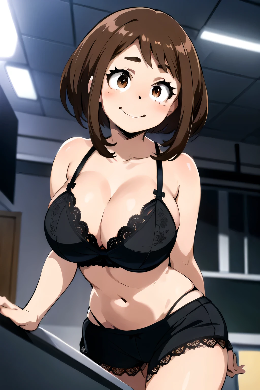 Ochaco Uraraka, huge breasts, ((black lace bra, black lace lingerie, black lace panties)), (((cleavage))), leaning forward, suggestive smile, classroom, brown hair.