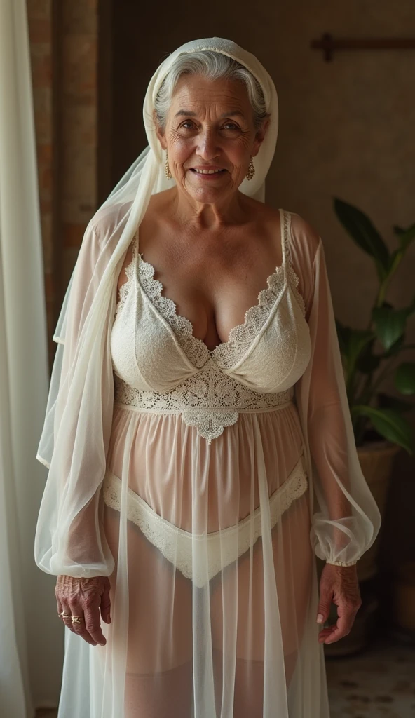 Mature old woman 80 years with brown hair, plus size, old face and body with many wrinkles, smiling, loose skin, standing at bedroom posing for photo, She wearing satin black robe and black lace stockings, side view. jaw dropping mature older beauty, old face and body with wrinkles, old face, attractive grandma, a gorgeous old hair, beautiful old grandma, lovely older mature grandma, gorgeous beautiful grandma over 80 years old, beautiful brown hair grandma, beautiful detailed body and face, a beautiful old granny