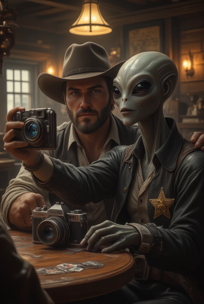 In a dusty Western saloon, a dashing gunslinger with a rugged, sun-kissed complexion and piercing blue eyes leans in close to a gray alien, dressed as the town's sheriff with a badge gleaming on its chest. The alien's large, dark eyes and smooth, pale skin contrast sharply with the gunslinger's weathered, tan face. They are both seated at a worn wooden table, engaged in a poker game, but pause to take a selfie with a vintage camera, grinning mischievously. The saloon is dimly lit, with warm, amber light from oil lamps casting long shadows and highlighting the worn wood and leather. The scene is framed with a soft, nostalgic film grain, giving it a timeless, cinematic quality reminiscent of Quentin Tarantino's style.