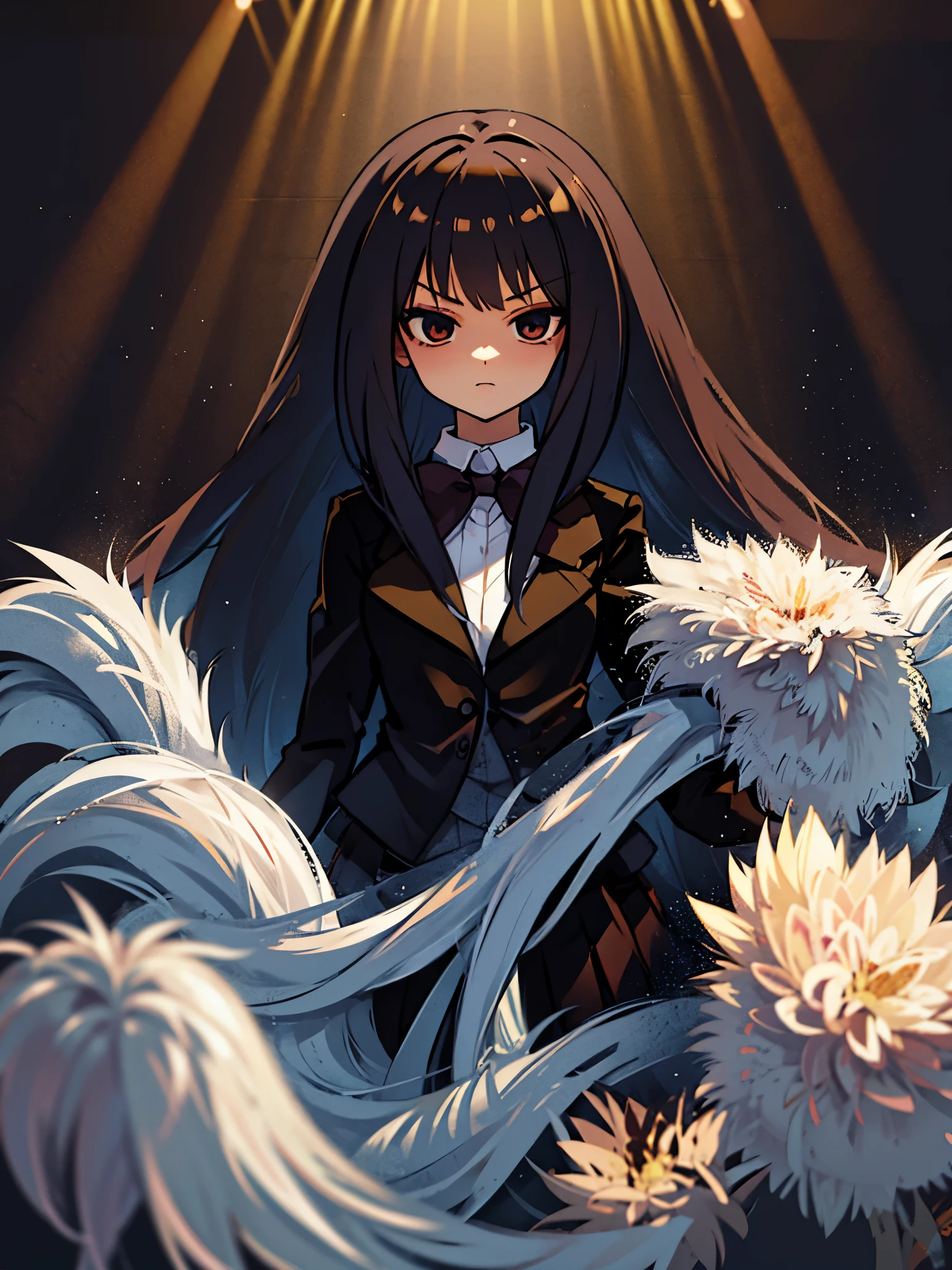 ultra high res, Best quality, path in the forest, UHD, Beautiful girl, long black hair, wearing a brown blazer, winter school uniform, 
black pantyhose, dark brown bowtie, looking at the viewer with a stern expression, looking down, upward glance, anime style, intricate details, line:-3.5, sharpen, 32k, plain, masterpiece, intense gaze, dark eyelashes, slightly hanging eyes, black skirt,