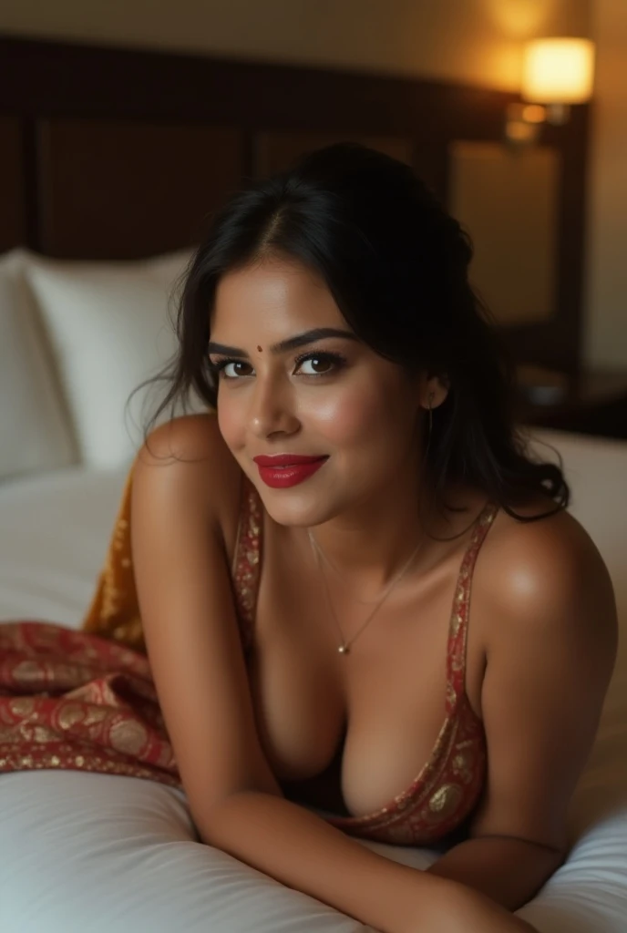 beautiful Bengali woman on white bed, nsfw, big boobs, cum, gorgeous face, bright big eyes