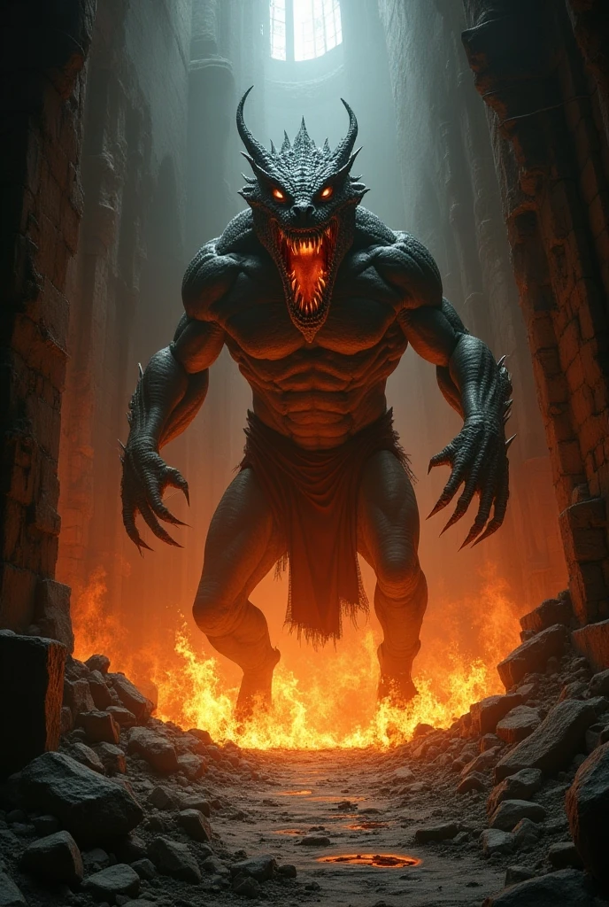 (ultra detailed)、Disney's Goofy、Evil Face、Red glowing eyes、Muscles and clothes、horn、wing