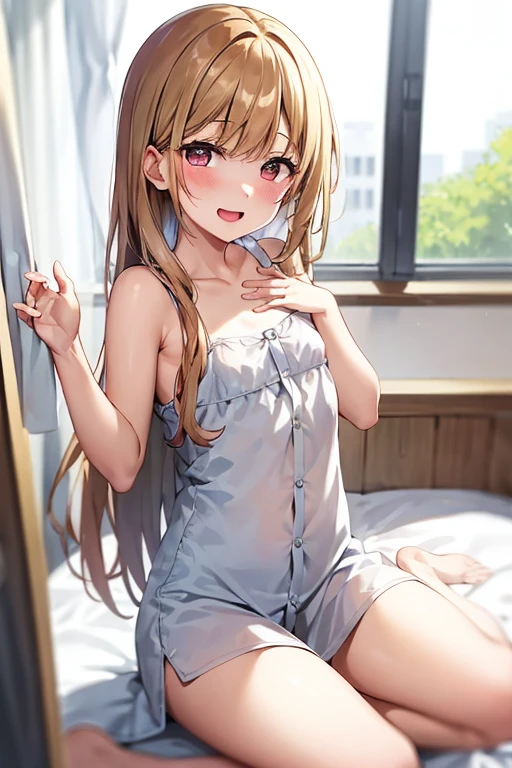 ((Best Quality)), ((masterpiece)), (be familiar with),  perfect face, indoor, bedroom,  watching viewers,
One woman,  Kitakawa Kaiumi,
Open Mouth, Ecstatic expression, blush, smile,
Small breasts,  flat chest, , , , Girl,
Long Hair,  long hair,
Leg spread,