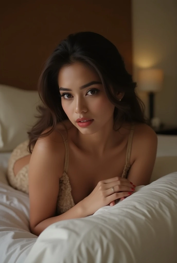 (photorealism:3.4), beautiful young woman on the bed in pink underwear Underneath the glowing heart, look at me, beautiful breasts, good figure,Doggystyle.