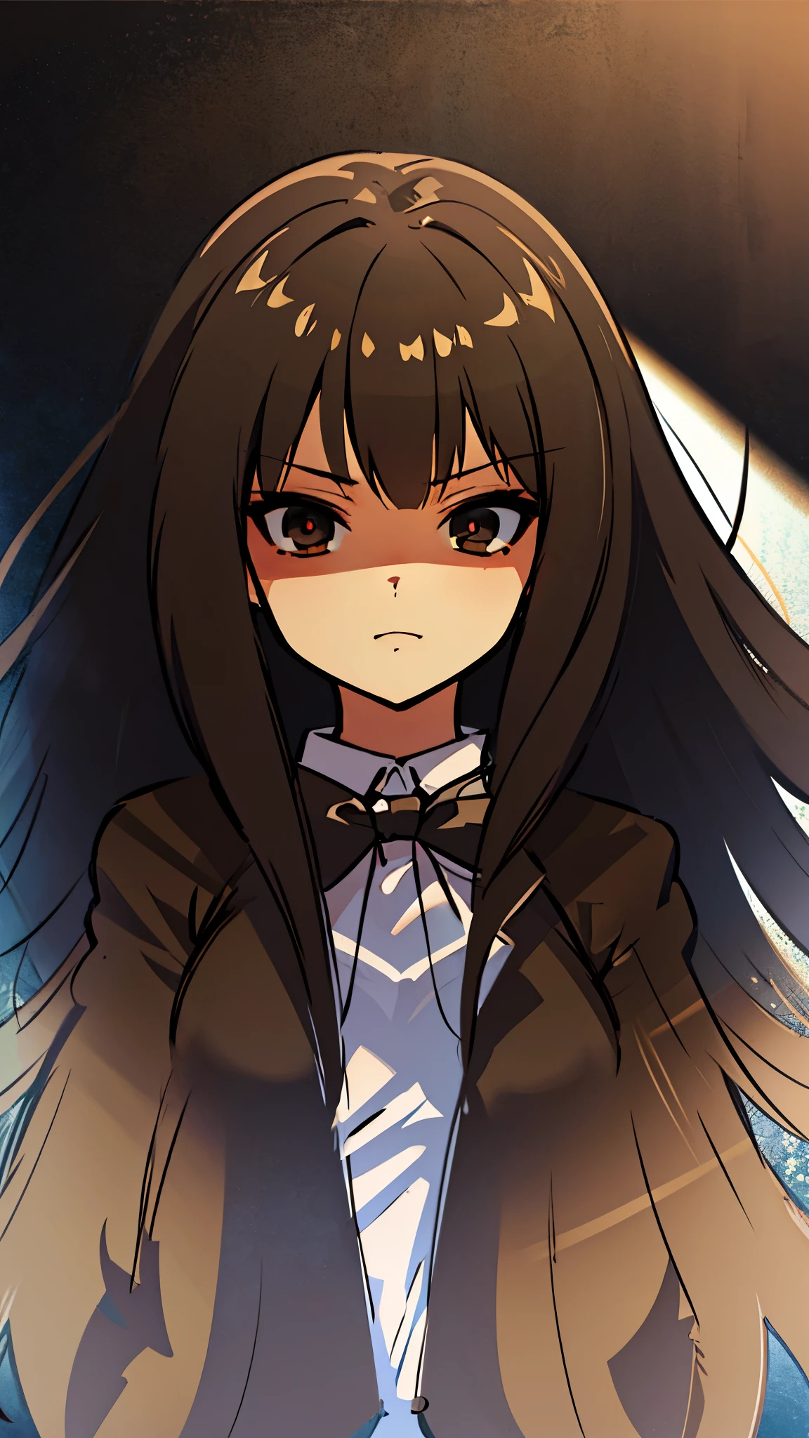 ultra high res, Best quality, path in the forest, UHD, Beautiful girl, long black hair, wearing a brown blazer, winter school uniform, black pantyhose, dark brown bowtie, looking at the viewer with a stern expression, looking down, upward glance, anime style, intricate details, line:-3.5, sharpen, 32k, plain, masterpiece, intense gaze, dark eyelashes, slightly hanging eyes, black skirt,