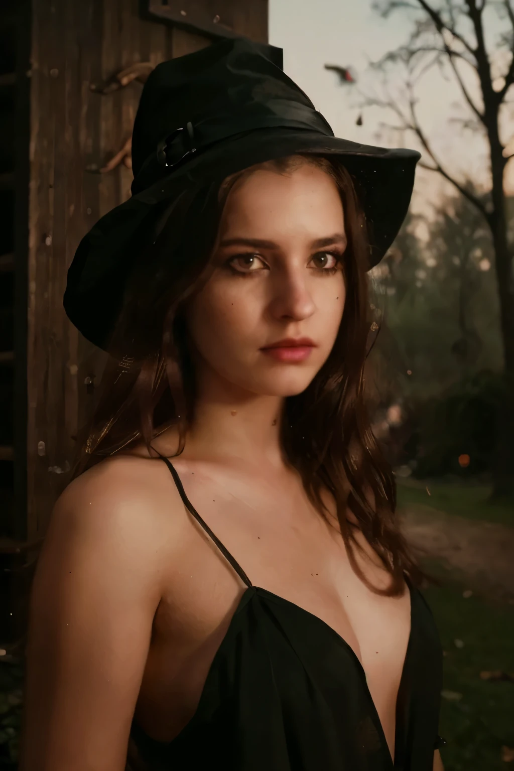 a young witch at a halloween ghost party, 1girl, beautiful detailed eyes, beautiful detailed lips, extremely detailed face and features, long eyelashes, intricate detailed costume, witch hat, broomstick, haunted house, full moon, spooky trees, glowing jack-o-lanterns, (best quality,4k,8k,highres,masterpiece:1.2),ultra-detailed,(realistic,photorealistic,photo-realistic:1.37),digital painting, fantasy art, cinematic lighting, dramatic shadows, vibrant colors, halloween atmosphere
e, masterfully captured in a photograph with stunning detail and vivid color, realistic and photo-realistic, 4k, best quality, ultra-detailed, dramatic lighting, ethereal atmosphere