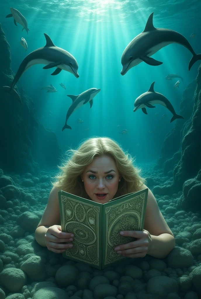 (curvy/large) mermaid, with a powerful gold tail reading in an underwater cavern throne of coral surrounded by shelves of books 
