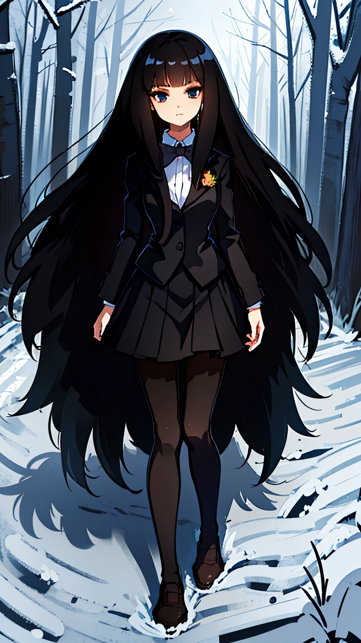 ultra high res, Best quality, path in the forest, UHD, Beautiful girl, long black hair, wearing a brown blazer, winter school uniform, ((black pantyhose)), dark brown bowtie, looking at the viewer with a stern expression, looking down, upward glance, anime style, intricate details, line:-3.5, sharpen, 32k, plain, masterpiece, intense gaze, dark eyelashes, slightly hanging eyes, black skirt,