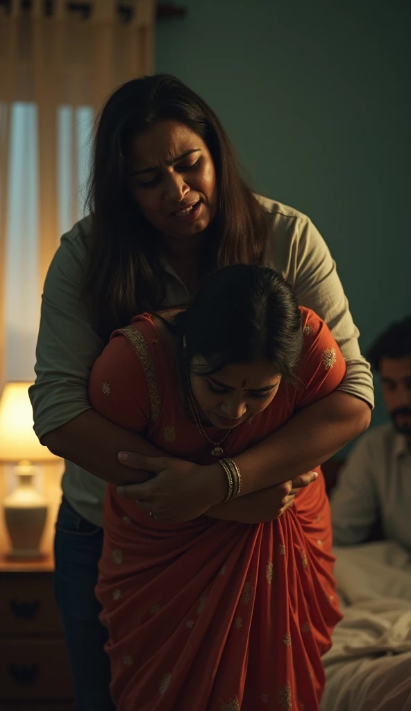 a 50-year-old shirtless man affectionately hugging and kissing aradiant, full-figured South Indian plus-sized 30 year old teacher wearing a off white silky saree in dressing room, captured in a full-body image with vibrant hues and meticulous details. Full body image