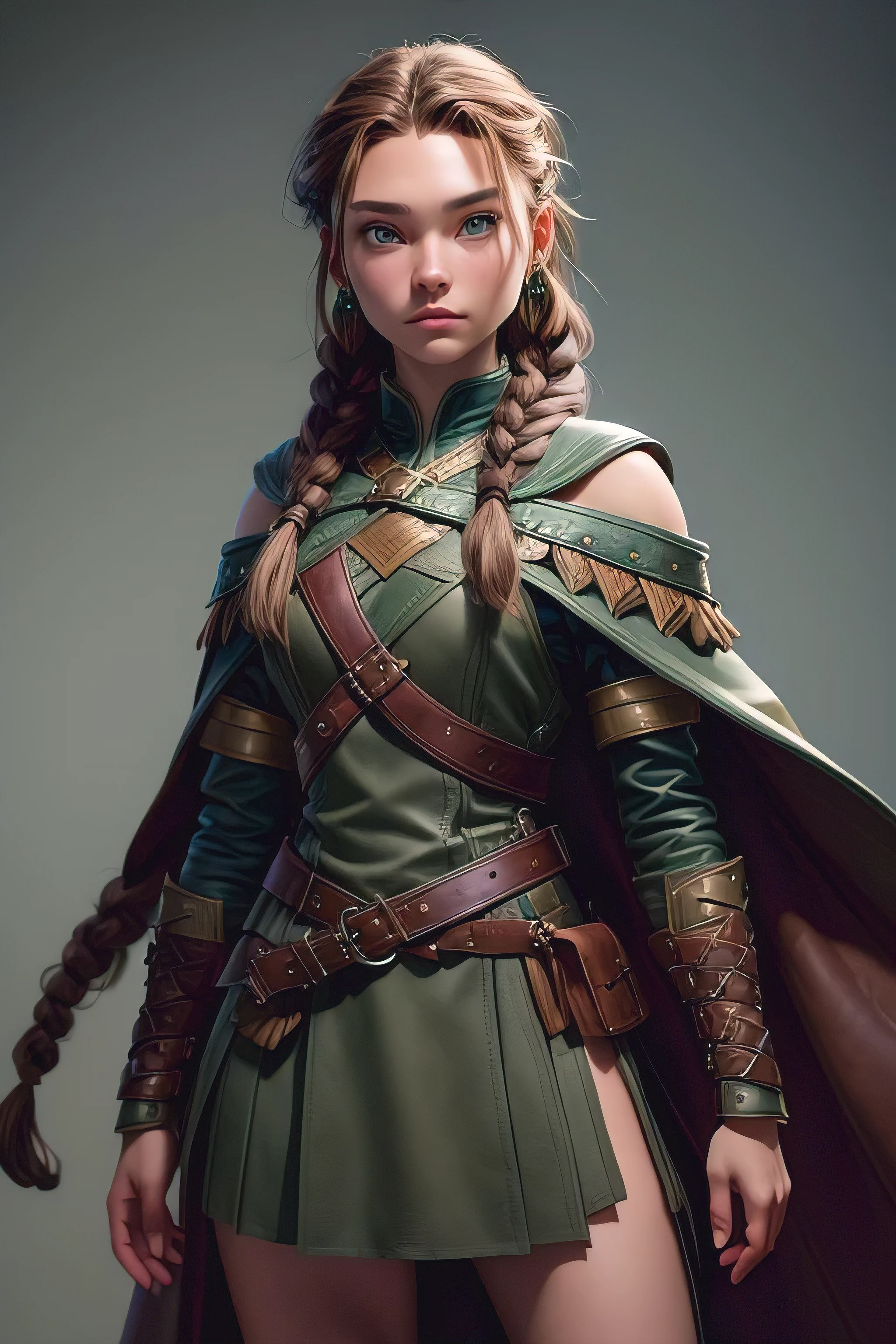 ( masterpiece , The best quality ) (young warrior woman of nordic descent), (green eyes), (fur skirt), (Brown hair color),(loose hair with small braids on the scalp), (leather strap top) feathers, cape over the shoulder, bufas, (blue, gray and brown suit).