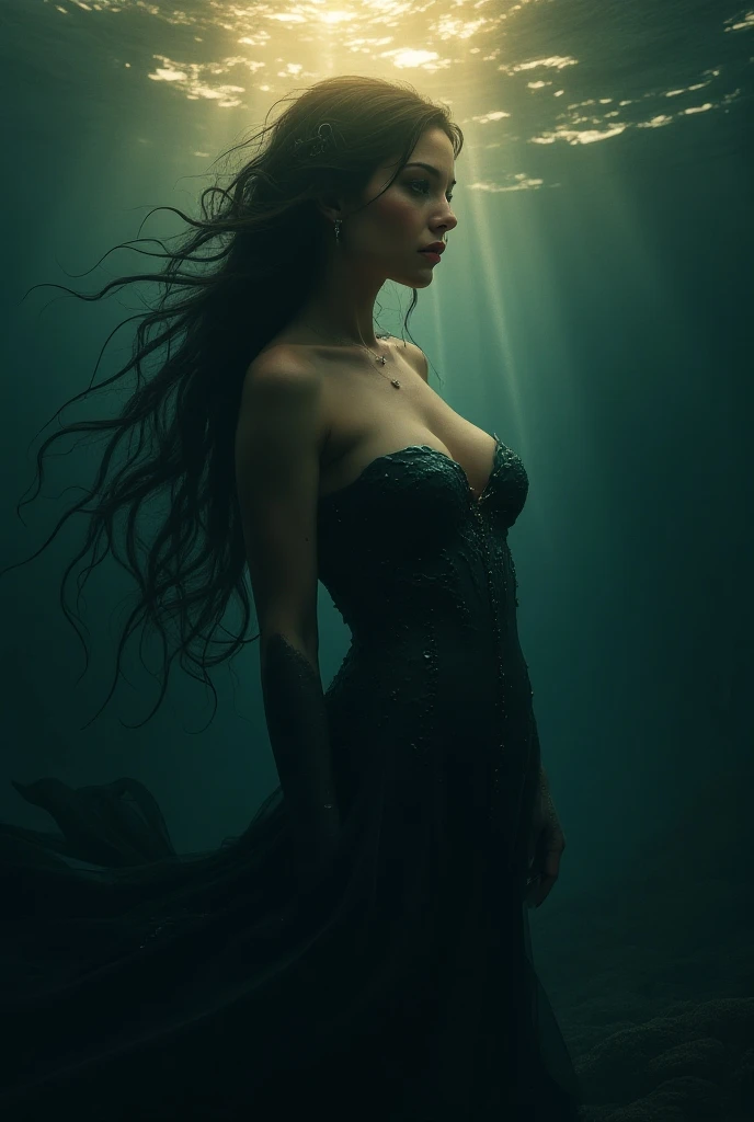 Gorgeous busty DIETY OF THE SEA, ethereal form,sexy and sultry,, messy bun hair, FLOWING DEEP V dress, Fantasy Dream Art, reminiscent of a blend between deco steampunk and futuristic aesthetics, water and mist silhouette, Shadow play, top view, light, mist, moody, water vortices, water splashes, mysterious, glossy hair, earthy, vivid, Abstract Neoralism, cinematic, Film light, Hyper detailed, Hyper realistic, masterpiece, atmospheric, High resolution, Vibrant, High contrast, dark angle, 8k, HDR, 500px, FUJIFILM, bokeh