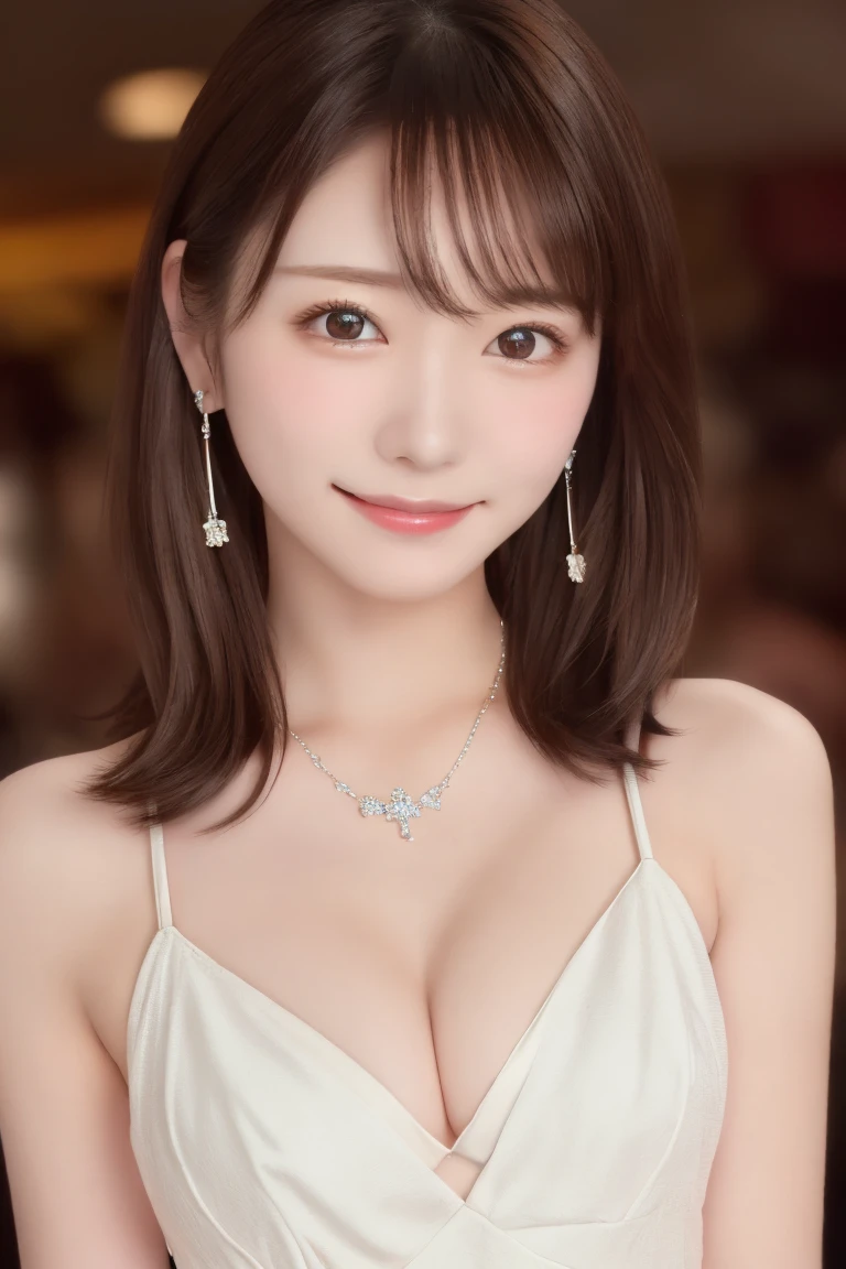  best quality , (beautiful)、beautiful女性、Precision Eyes、Small breasts、  dirty medium hair、Small breasts、  Brown Eyes  、 Brown Hair、Fine skin、(Heartbreaking  )Small breasts、smile、  upper body、  cabaret club、Hostess、necklace、Earrings