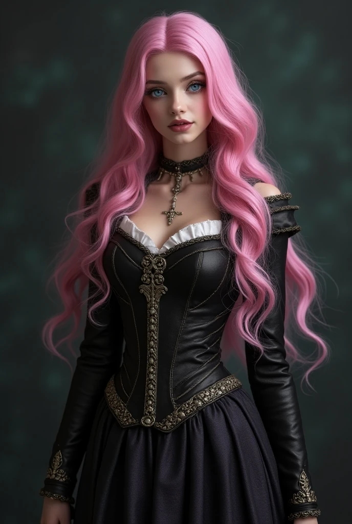 Very attractive 25 year old caucasian female with long very straight bright pink hair, Hyper realistic super detailed sexy young gothic girl , expressions faciales sexy, seductive facial expressions, dynamic pose, back view [:(Face detail: 1.4): 0.4], 16K resolution, 4k resolution, (Ventre plat parfait), (image couleur), BREAK I. Outfit: Elegant, enchanting, long and fitted leather dress, plunging back, deep neckline, long lace sleeves, belt adorned with mystical symbols, high-heeled boots, black and silver jewelry.
II. Venue: Gothic castle, dark and mysterious atmosphere, dim lighting with chandeliers, library full of old grimoires, mirrors framed with magical motifs, incense-scented candles, mystical mist floating in the air.
III. Decoration: Gothic ambiance, dim lighting with violet and blue lights, refined furniture with touches of black and silver, black velvet drapes, mirrors adorned with witchcraft motifs, lavender-scented candles, BREAK, looking at viewer, masterpiece, best quality, highly detailed, desire, blush, (Beautiful and detailed eyes description), (beautiful and detailed face), Perfect female body, (Best Quality), (ultra-detailed), (master piece), (high resolution), (Original), (the Extremely Detailed CG Unity 8K Wallpapers), photo quality