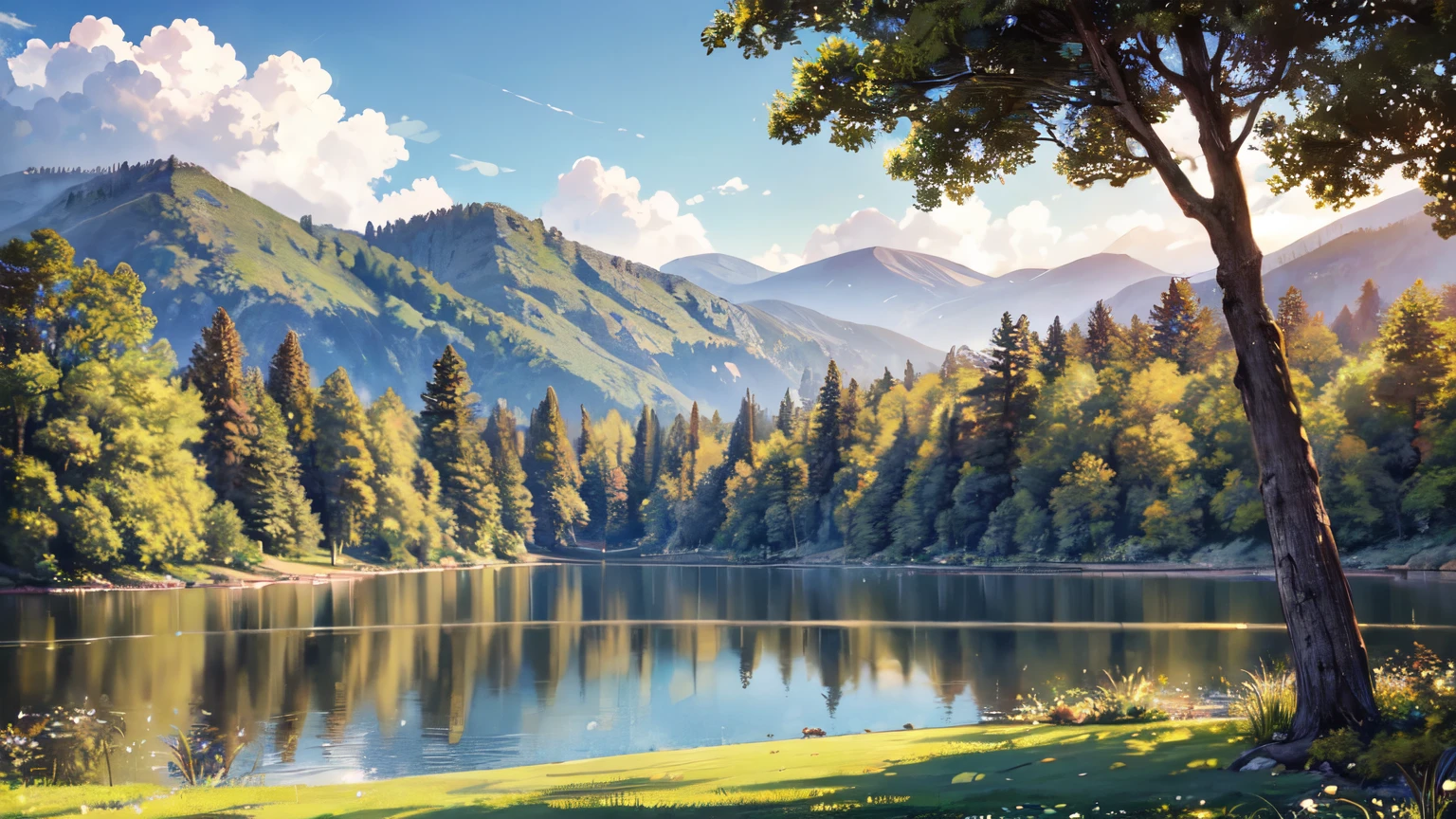 a serene landscape, beautiful detailed hills, lush green meadows, peaceful lake with calm water, fluffy white clouds in the sky, warm golden sunlight, intricate foliage and trees, highly detailed and realistic, 8k, photorealistic, masterpiece, professional digital art,