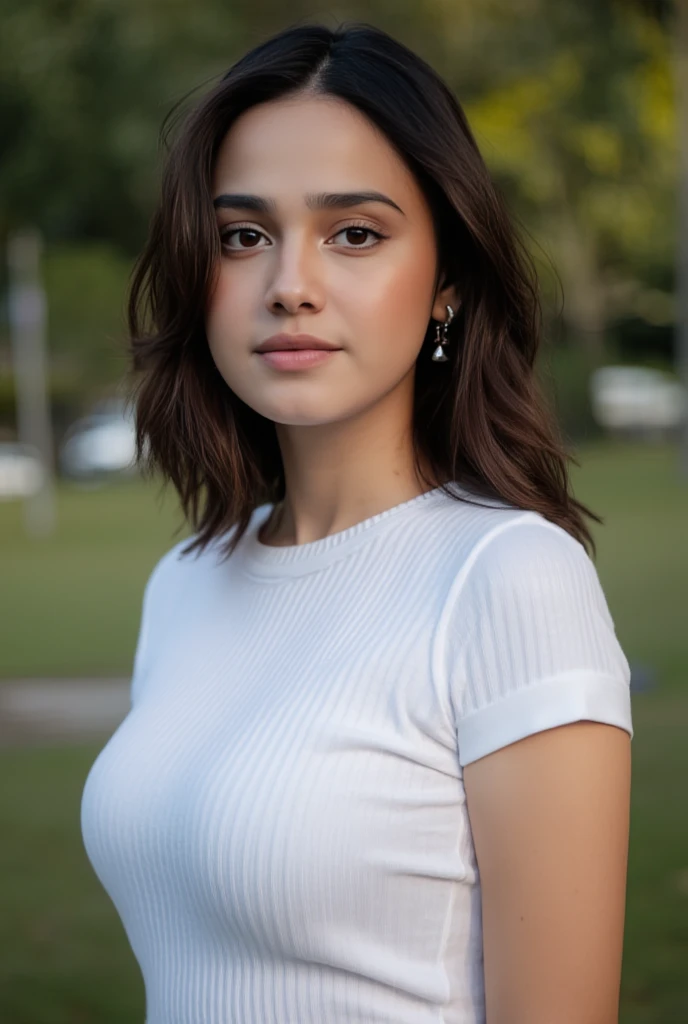 A photorealistic portrait of a 19-year-old american spanish Girl, She has a closed smily natural mouth, she could have a natural approchable expression, shine lips of lips gloss,flirty mood, no makeup, sharp picture with details, focus image real life, looking in the direction of the camera, straight face, perfect photo realistic picture, golden-hour sunlight, natural light, realistic shadows, detailed fingers, detailed realistic face with perfect shorter snub nose, hair tie in back , showing full face with ears ,attractive girl, perfect detailed (((dark chocolate Mediterranean tanned skin))), ((realistic small wrinkles))), small eyes, dark green eyes, perfect mistery nice eye iris, perfect detailed face with realistic complexion, skin with small pores, (((wearing right side swept black very long straightened hair))), no eyelids errors, human perfect eyelids, detailed symmetric eyes, symmetric detailed eyeballs, photo model, seductive gaze, perfect body natural posture, natural limbs, long legs, two arms, two legs, one head, normal sunny day, realistic shadows, mystical lighting, 48K, UHD, RAW photography, (((body facing to camera))), beautiful sweet belly, little seduce, (real shadows), cinematic light, nice fingers, (real human female white color nails), dressed in realistic (((white color crop close to body T-shirt, with short matching sleeves))), (((handmade colorful woven bracelets on her hands))), (((outlined firm smal size breasts))), Background: sharp, wide photo of desert, no NSVF, realistic, realistic, and extremely realistic, captured by high resolution camera using an 85mm lens for a flattwring perspective.
