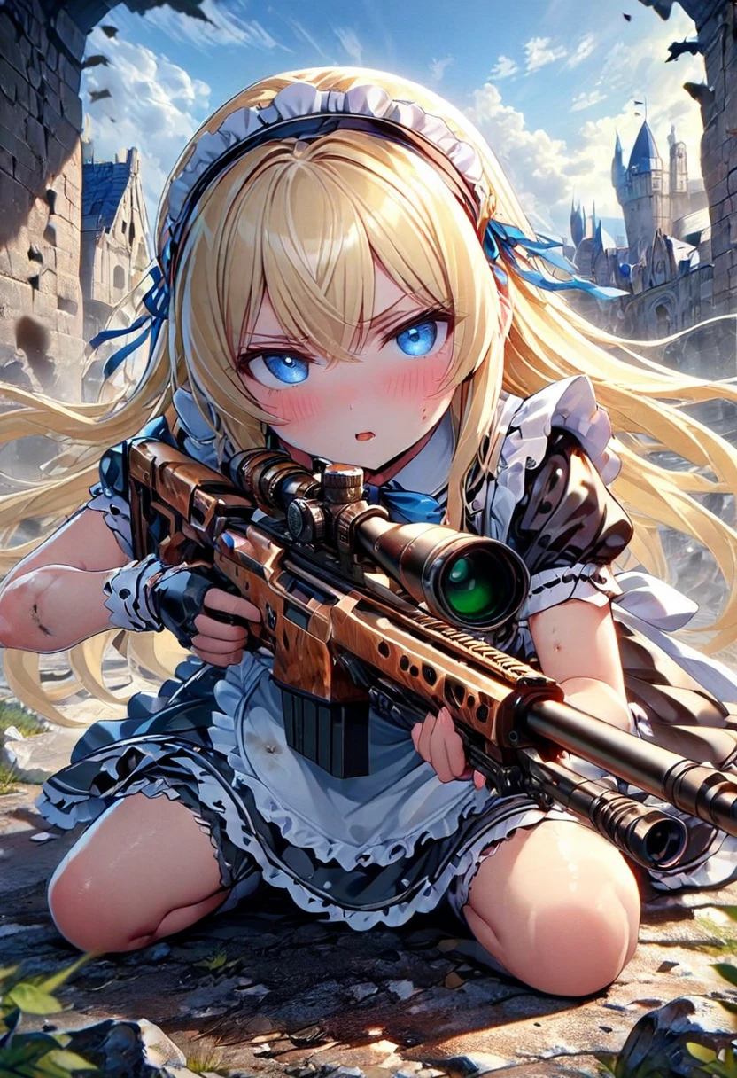 (8k,  best quality , masterpiece:1.2),    super high definition, The cuteness of an angel,  my mouth is open, blonde, Small breasts,   Black Dress,   White Apron  ,  Blue Ribbon,   apron dress, Classic maid outfit, Long,  sniper from above the castle wall, Sniper Rifles, Castle Defense,   seen through a scope , Targeting prey, Kneeling,  obstacles such as low rocks and walls , Gunfight, (Stains on clothing), Stained with ash and soot , Torn clothing, 