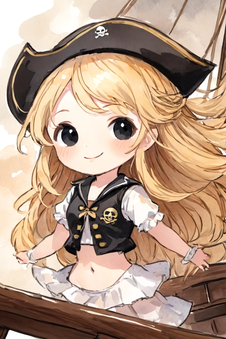 (masterpiece, best quality, hyper detailed:1.2), Thin line drawing, cute, watercolor,
1girl, chibi, fair skin, (eye patch:1.3), long blonde hair, floating hair,
pirate, in the Ship, cockpit, glad, cheerful grin, standing, looking away, cowboy shot, back shot,