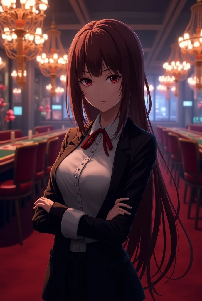score_9, score_8_up, score_7_up, source_anime, solo, 1girl, jabami yumeko, smile, closed mouth, looking at viewer, hand on own chest, hime cut, brown eyes, school uniform, red jacket, long sleeves, white shirt, black ribbon, black skirt, plaid skirt, black pantyhose, indoors, casino <lora:kakegurui_jabami_ponyXL:1>