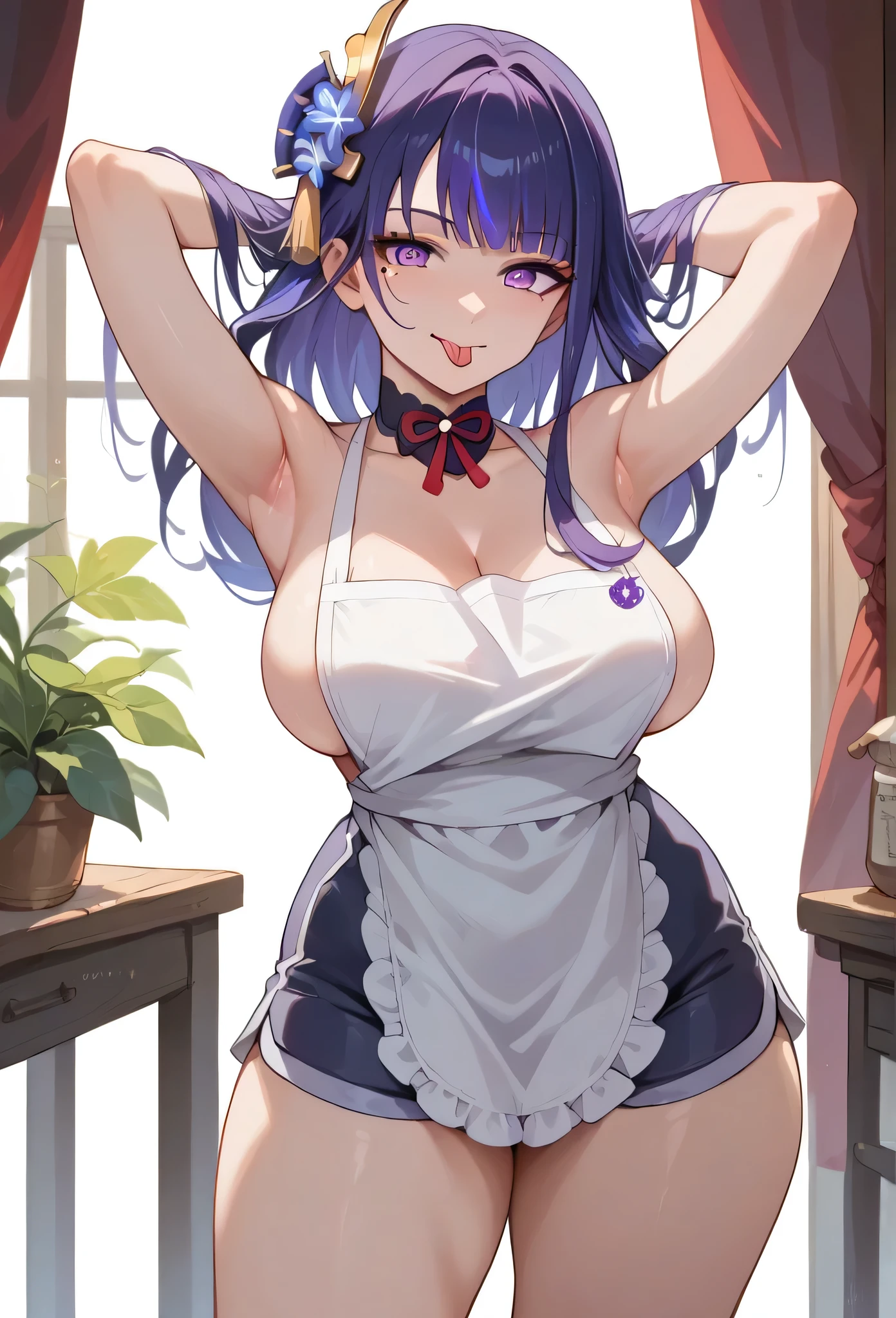 Raiden_shogun, standing, front view, high thighs, big thighs, high chest, big chest, bell-bottom choker, bare apron only, bare chest, tight short shorts, hands behind head, tongue out smile, mischievous look. 