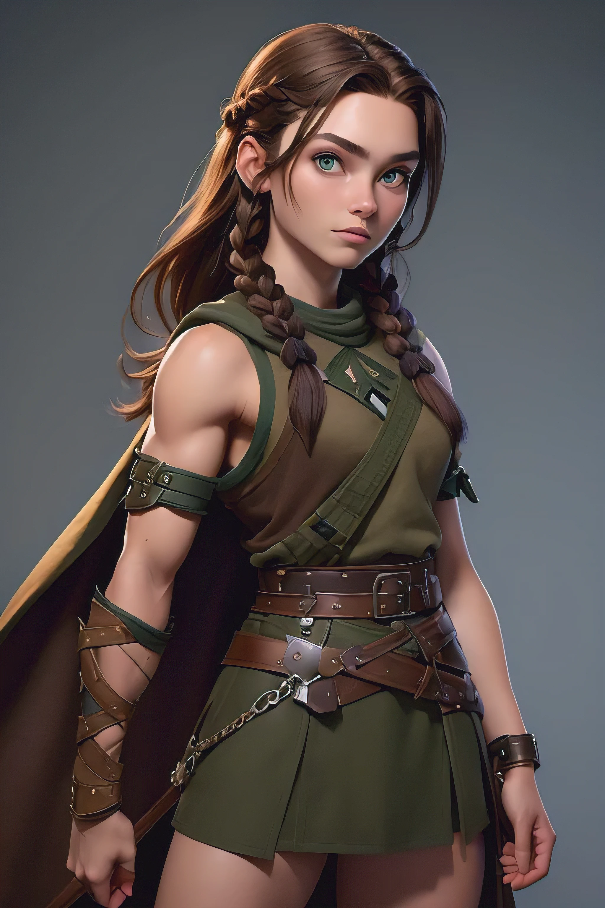 ( masterpiece , The best quality ) (young warrior woman of nordic descent), (combat position) (green eyes), (muscle shirt), (fur skirt), (Brown hair color),(loose hair with small braids on the scalp), (leather strap top) feathers, cape over the shoulder, bufas, (blue, gray and brown suit).