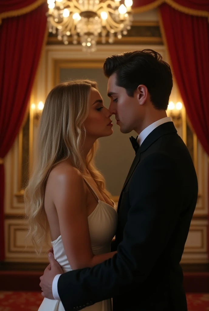 Make a couple in formal clothes at a party, about to kiss. He with a confident air, looking at her with a serious look, but keeping her close as if protecting her. And she with a serious expression but with a passionate look at him..

The woman being a Russian with dyed blonde hair, long hair thrown back with curled waves and with the brown roots showing.

And he&#39;s a Frenchman with chin-length light brown hair..