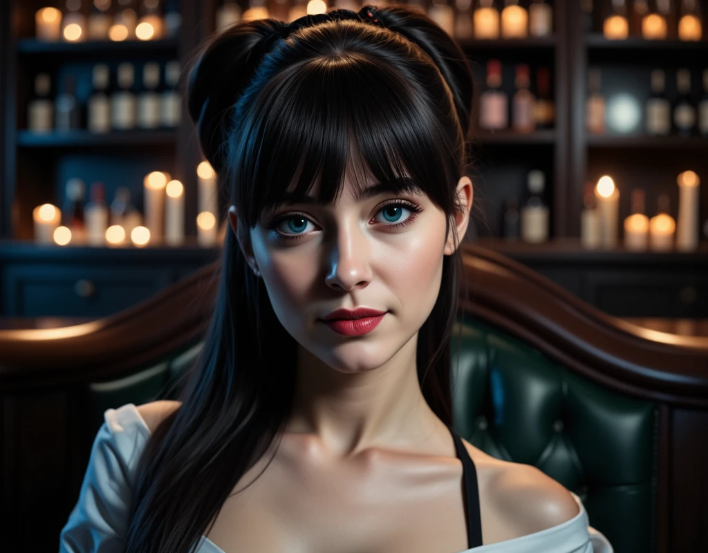 a picture of a beautiful woman sitting in a goth bar , sipping a dark red cocktail, wearing a white mini dress, full body, slightly hiding the edge of white silk stocking, (vampiric fang: 1.3), wearing high heels, smirking, glasses, black choker, make up, black hair, long hair, ponytail, very long hair, hair strand, hairpin, eye reflection, intense azure eyes, light makeup, shy, blush, goth bar background, wine bottles, lit with candles, photorealistic, Realism, depth of field, cinematic lighting, dim light, full body, silhouette, from side, Ultra-Wide Angle, retina, UHD, best quality, 16k, highres, high details,