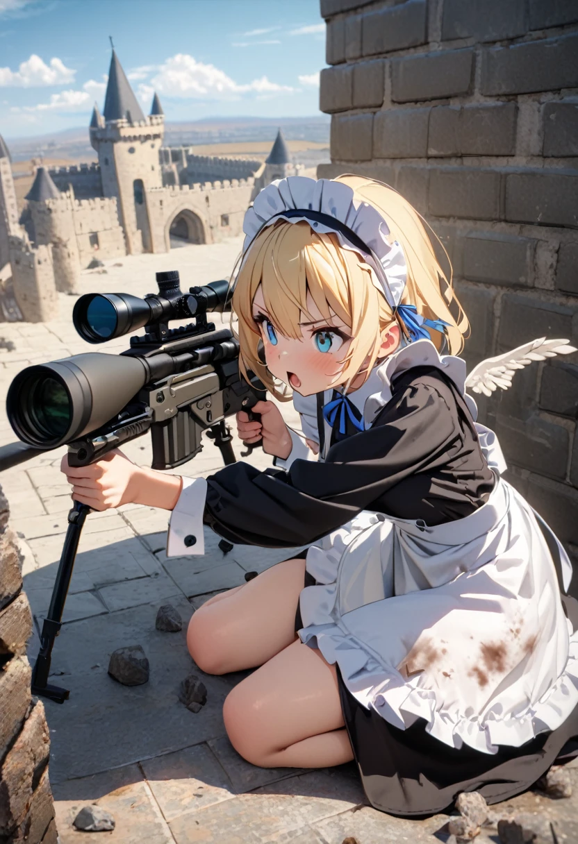 (8k,  best quality , masterpiece:1.2),    super high definition, The cuteness of an angel,  my mouth is open, blonde, Small breasts,   Black Dress,   White Apron  ,  Blue Ribbon,   apron dress, Classic maid outfit, Long,  sniper from above the castle wall, Sniper Rifles, Castle Defense,   seen through a scope , Targeting prey, Kneeling,  obstacles such as low rocks and walls ,  Gunfight, (Stains on clothing), Stained with ash and soot , Torn clothing, 