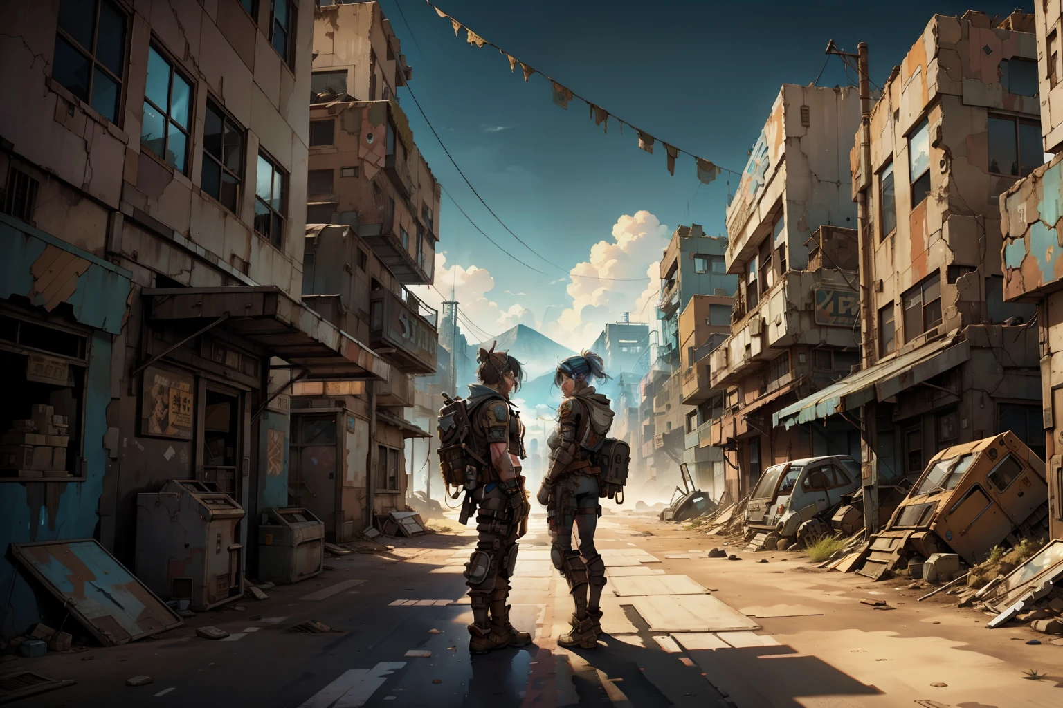 a couple of people standing next to each other in front of a building, borderlands 3 style, borderlands art style, post - apocalyptic warriors, kawacy, postapocalyptic style, borderlands style, disco elysium style!!!, artgerm craig mullins, shadowrun character art, post - apocalyptic style, post apocalyptic, postapocalyptic world, postapocalyptic