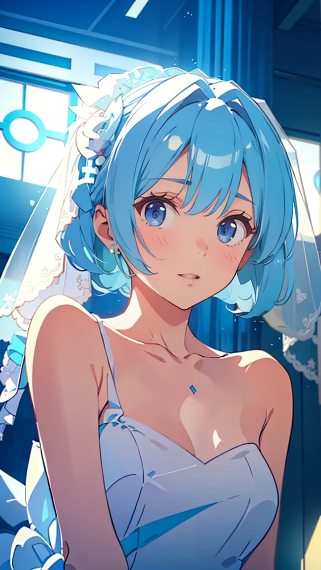 ( Hatsune Miku:1.3)、（sitting:1.5）、(( white wedding dress 、 wedding veil:1.5))、(Very flat chest:1.3)、 1 girl, Alone, colorful, Realistic Skin, Attractive eyes, (1:1.2), beautiful, cute, (Perfect Body 1.2), (Realistic Anatomy 1.2),  Japanese idol, (K-POPアイドル1.2), Realistic photos, RAW Photos, 4K, Fujiflim,  Film Grain, (Cinema Lighting 1.4),  ray tracing , (perfect Temporarily stop1.2), Ultra fine, finely,  intricate detail,  Dolby Vision, Temporarily stop,break、(((Very thin body:1.5、Thin body)))、break、((( detailed beautiful depiction of eyes )))、 ((( focused gaze)))、break、,(Blue Eyes 1 .3), (Blue Hair:1.3), break、blush 1.5、break, very short hair, parted bang、(from below:1.1)、