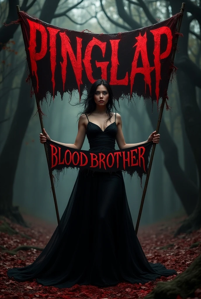 a witch with eyes and mouth full of blood holding a sign with the name "diego"