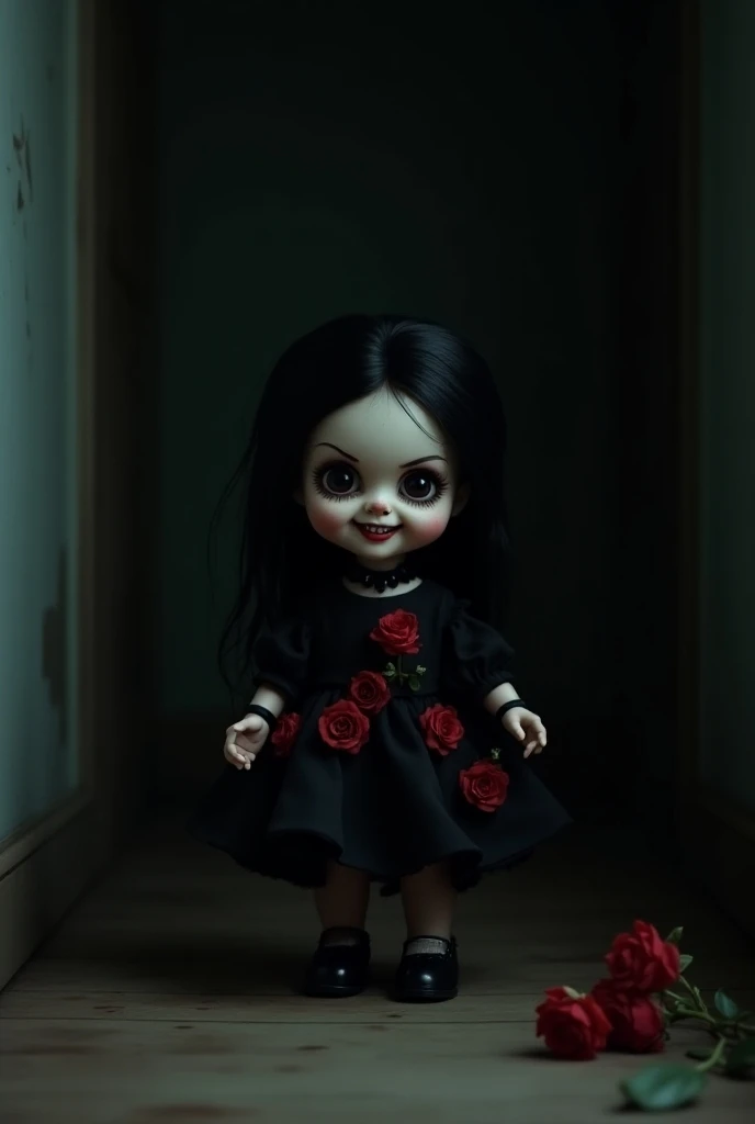 Top quality, 3d, realistic, real photo, cinema style, clay doll, horrifying, with deep dark eyes, huge mouth with pointed teeth with blood dripping, little hair, torn clothes, legs and arms elongated and crooked, in a dark and neon hallway --auto --s2