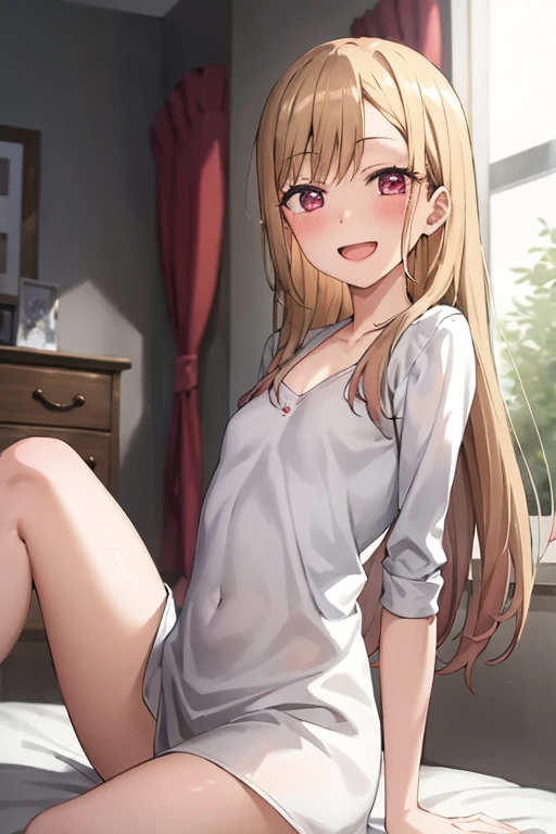 ((Best Quality)), ((masterpiece)), (be familiar with),  perfect face, indoor, bedroom,  watching viewers,
One woman,  Kitakawa Kaiumi,
Open Mouth, Ecstatic expression, blush, smile,
Small breasts,  flat chest, , , , Girl,
Long Hair,  long hair,
Leg spread,