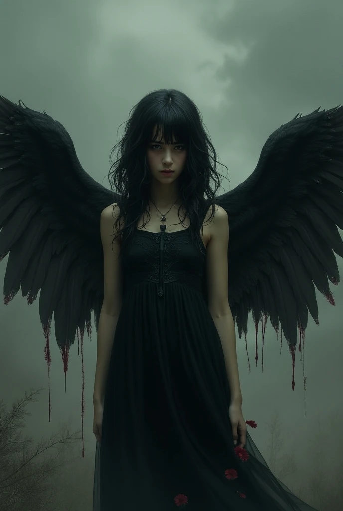 A beautiful girl crying, with bloody white wings on his back, with a broken wing and with blood. black hair, long, straight and with white skin, dressed in a torn black dress, with background in the forest at night, realist, 8k