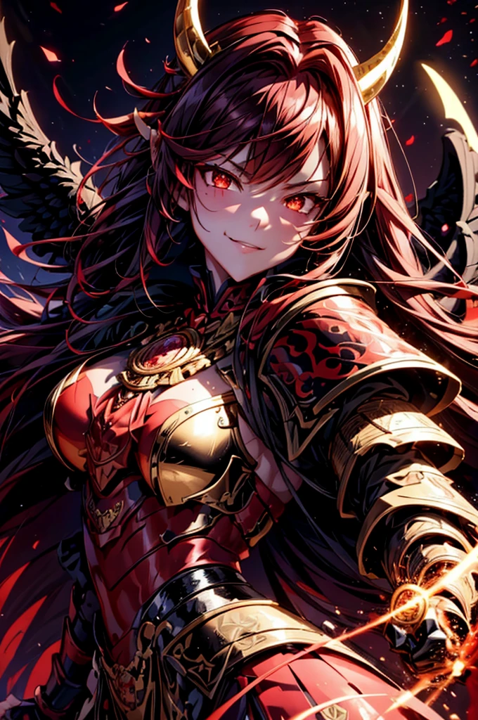 best quality,4K,high resolution),Ultra-detailed,realistic,portrait, Lila Samurai Sukkubus ,with horns on the head ,with black wings.  with a katana dark red hair, a purple-dark red armor with gold neon lights with gold trim and glowing red eyes,  bright colors, delicate features, seductive glance, Charming smile, flowing hair,  soft lighting 