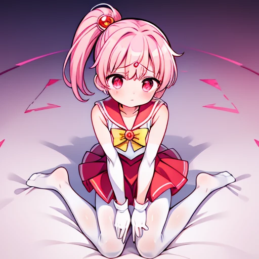 high quality，Solitary，Sailor Moon，young年，Big Head，cute，Metal hairpins，（little girl），（小Loli），Pink Hair，short hair，（Red hairpin），（Double tail），Sailor Suit，Red bow，White elbow gloves，Red Skirt，(White pantyhose:1.5)，(young)，(Small)，（小Short legs）（No shoes），（Short calves:2.0），（Short legs:1.6），（Thick white tights:1.5） ，（The body is petite:2.0），（White bed），（Little Feet），（Curl up），（Lying in bed:1.5），（turn over:1.5），（turn over:1.6），（Q Cute），（Soles:2.0），（Loli:5.0），（little girl:5.0），（Leg Retraction 1.8）