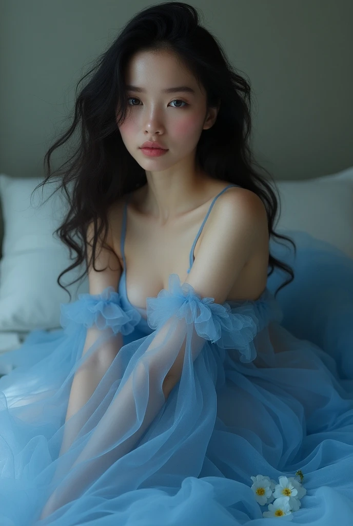 A woman with an angelic face, her hair fell in black cascades in disheveled waves, Your skin pale as porcelain, her gaze is intense but tired, her lips were pink and delicate, her body was slender and curvy, her clothes were a simple dress of sky blue silk,