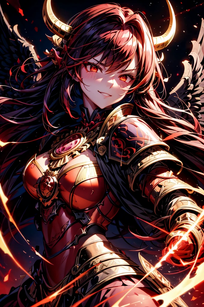 best quality,4K,high resolution),Ultra-detailed,realistic,portrait, Lila Samurai Sukkubus ,with horns on the head ,with black wings.  with a katana dark red hair, a purple-dark red armor with gold neon lights with gold trim and glowing red eyes,  bright colors, delicate features, seductive glance, Charming smile, flowing hair,  soft lighting 